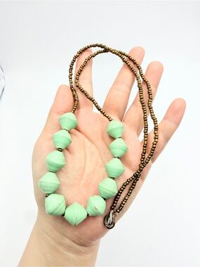 Vintage Artisan Paper Bead Necklace Mint Green Bohemian